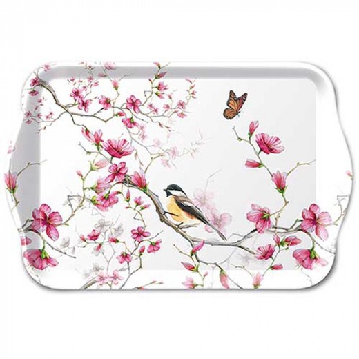 Bandeja Melamina para Té y Café 13x21 cm Pájaros y Flores Blanco Ambiente