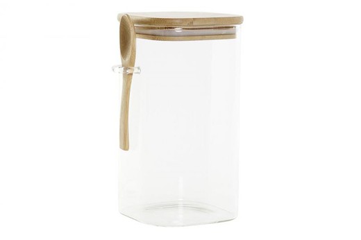 Bote hermetico de cocina borosilicato con tapa y cuchara en bambu natural. Cap 1l aprox