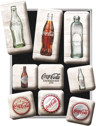 Juego 9 Imanes Coca-Cola Bottle Timeline Retro Vintage