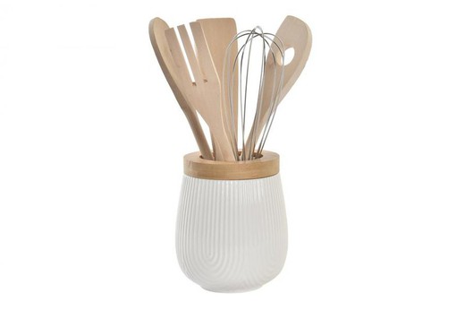 Juego Utensilios de Cocina Porcelana Blanca y Bambú