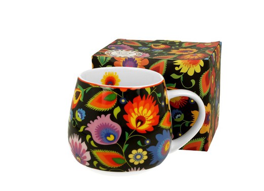 Mug Ancho Etnico Negro Porcelana para Té e Infusion