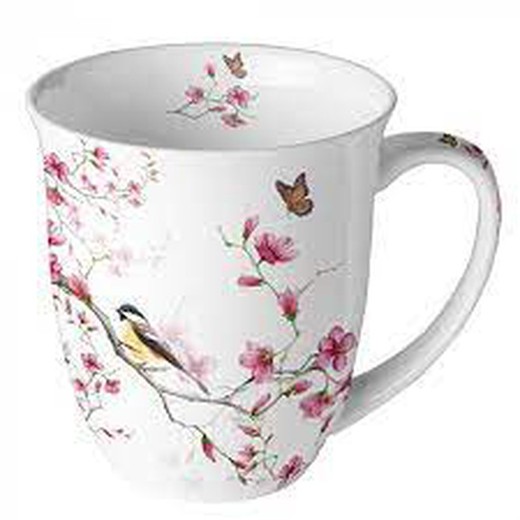 Mug Taza 0,4 l Pájaros y Flores Blanco Ambiente Porcelana Especial Regalo