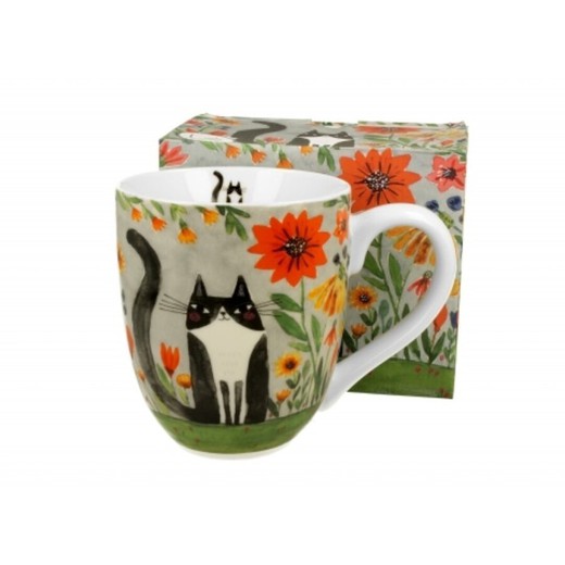 Mug Xxl Gato Flores Porcelana para Té e Infusion