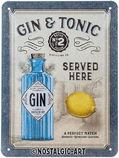 Placa Metal 15x20 Gin & Tonic Served here Retro Vintage