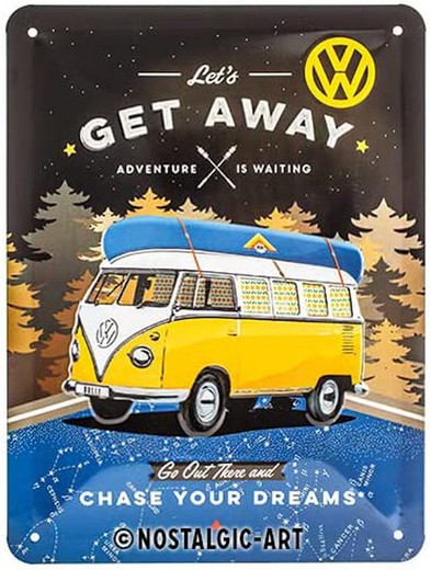 Placa Metal 15x20 Volkswagen VW Bulli Let's Get Away Night Retro Vintage