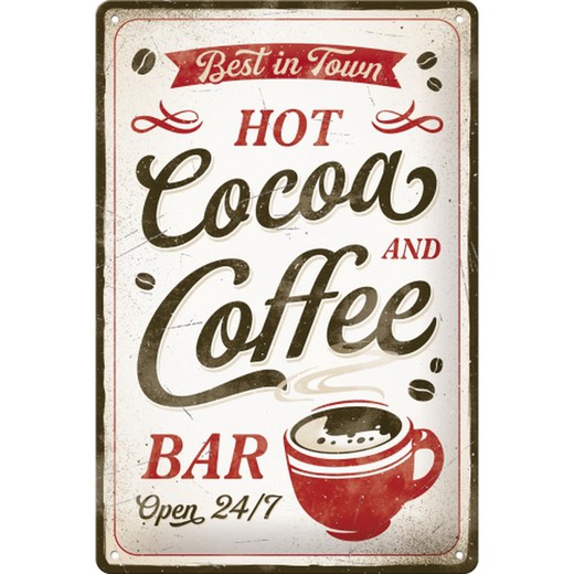 Placa Metal 20x30 Hot Cocoa & Coffee Retro Vintage