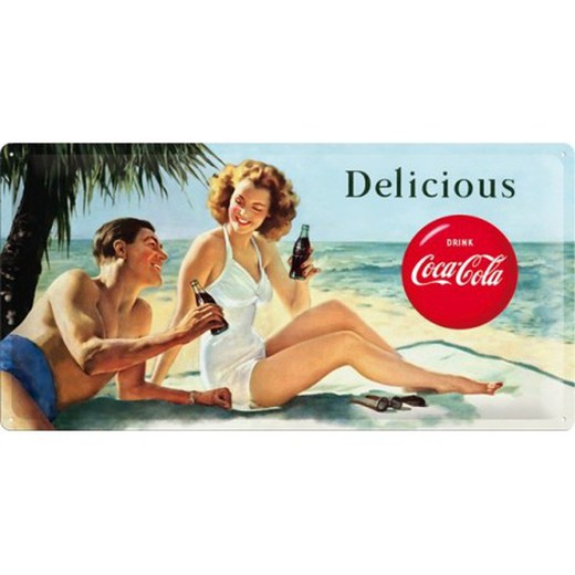 Placa Metal 25x50 Coca-Cola Beach Couple Retro Vintage