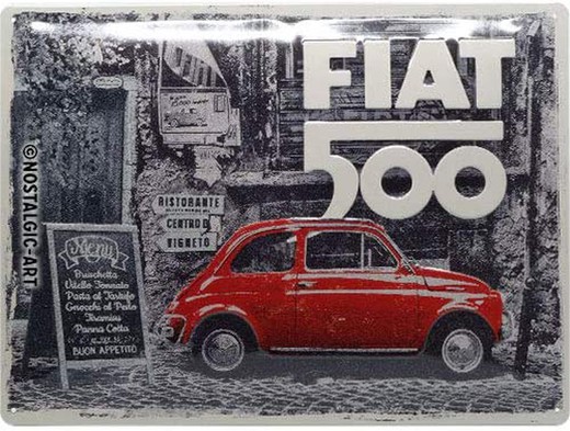 Placa Metal 30x40 Fiat 500 Coche Rojo in the street Retro Vintage