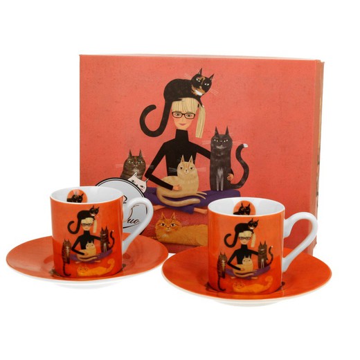 Taza Cafe C/Plato J Gatos Cindy Porcelana para Té e Infusion