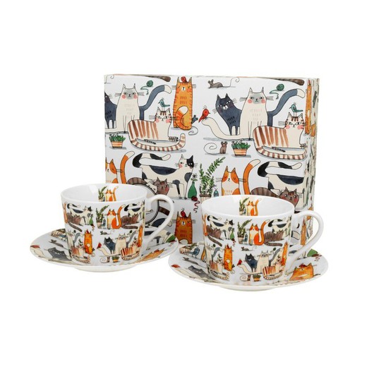 Taza Te Con Plato Ato Juego 2 Gatos Lazy Porcelana Duo Art Gallery