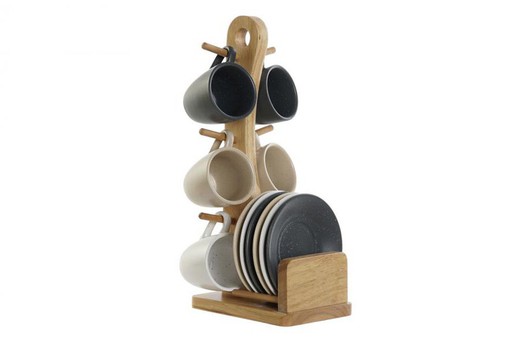 Tazas y platos cafe set 6 gres rubberwood y madera color beige