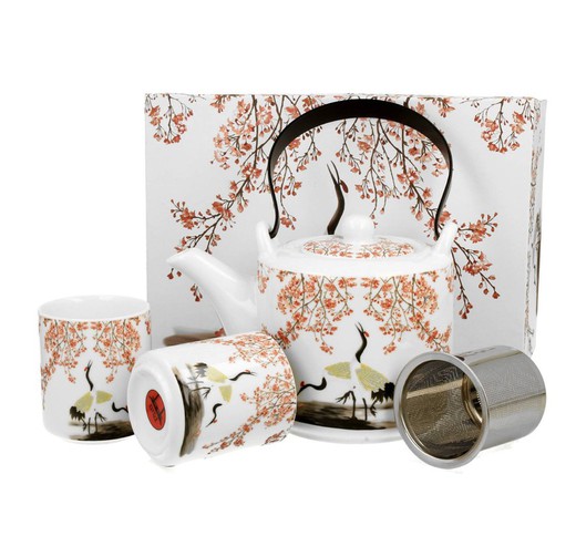 Tetera C/Filtro+ Tazas Garza Porcelana para Té e Infusion