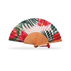Abanico de Moda Madera Pulida Tela Flores Blancas 23 cms