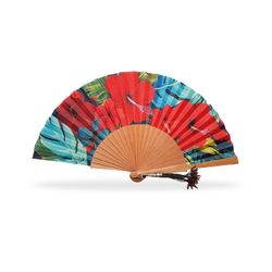 Abanico de Moda Madera Pulida Tela Flores Blancas 23 cms