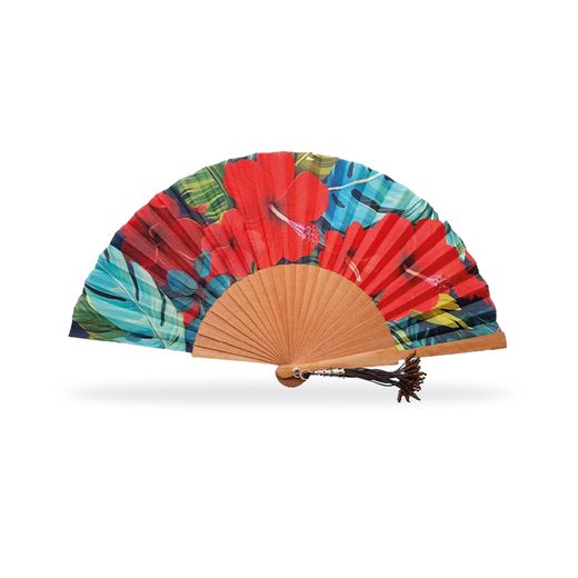 Abanico de Moda Madera Pulida Tela Flores Blancas 23 cms