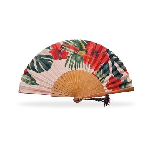 Abanico de Moda Madera Pulida Tela Flores Blancas 23 cms