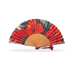 Abanico de Moda Madera Pulida Tela Flores Blancas 23 cms