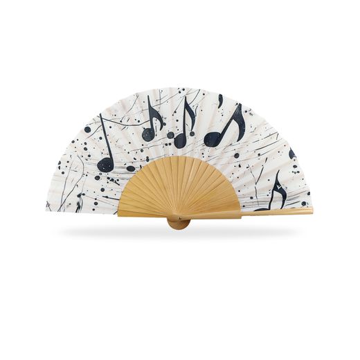 Abanico Moda Madera Peral Tejido Algodón Nota Musical 23 cms
