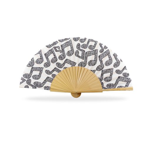Abanico Moda Madera Peral Tejido Algodón Nota Musical 23 cms