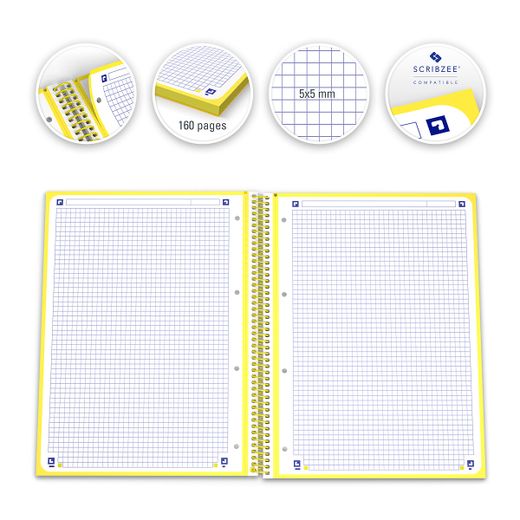 Bloc espiral oxford tapa extradura microperforado din a4 80 hojas cuadros 5mm color Amarillo