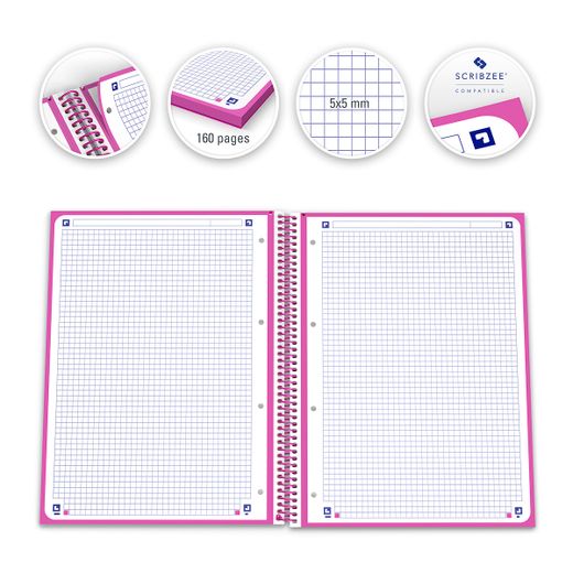 Bloc espiral oxford tapa extradura microperforado din a4 80 hojas cuadros 5mm color Fucsia