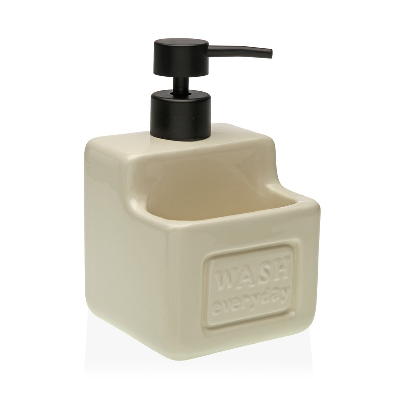 Dosificador jabón cocina cerámico beige con estropajero 6,5x6,5x11,3h