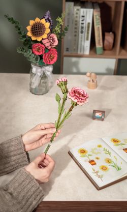 Puzzle 3D Miniatura Clavel Rosa Robotime Flor para Montar