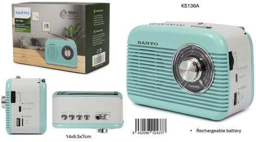 Radio Med Bluetooth Retro Azul Ideal Regalo