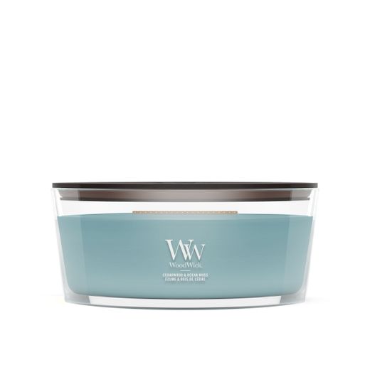 Vela Ellipse Cedro y Musgo Oceánico con mecha de madera WoodWick