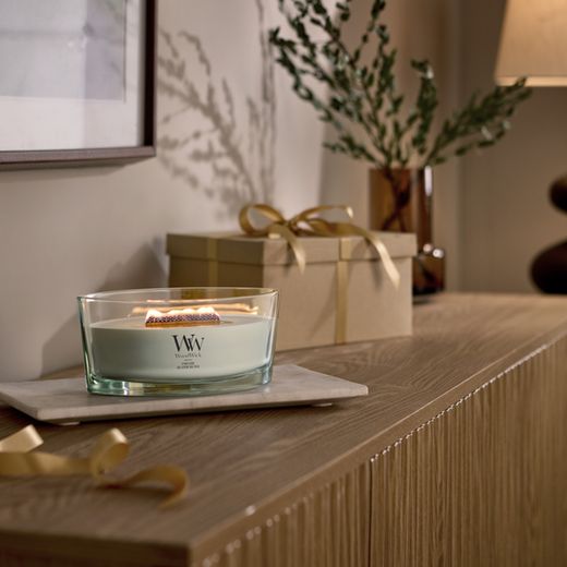 Vela Ellipse Fireside con mecha de madera WoodWick