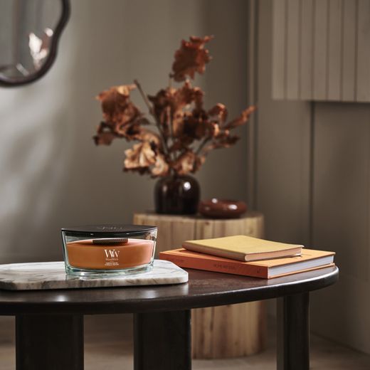 Vela Ellipse Praliné de Calabaza con mecha de madera WoodWick