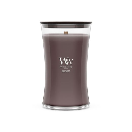 Vela Grande Hourglass Bosque de Iris con mecha de madera WoodWick