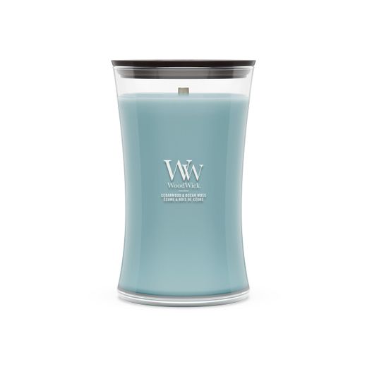 Vela Grande Hourglass Cedro y Musgo Oceánico con mecha de madera WoodWick