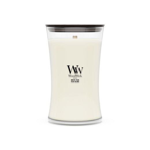 Vela Grande Hourglass Teca Blanca con mecha de madera WoodWick