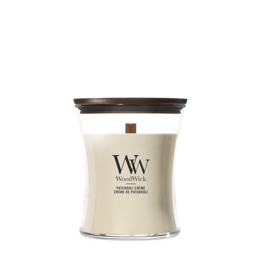 Vela Mediana Hourglass Crema de Pachulí con mecha de madera WoodWick