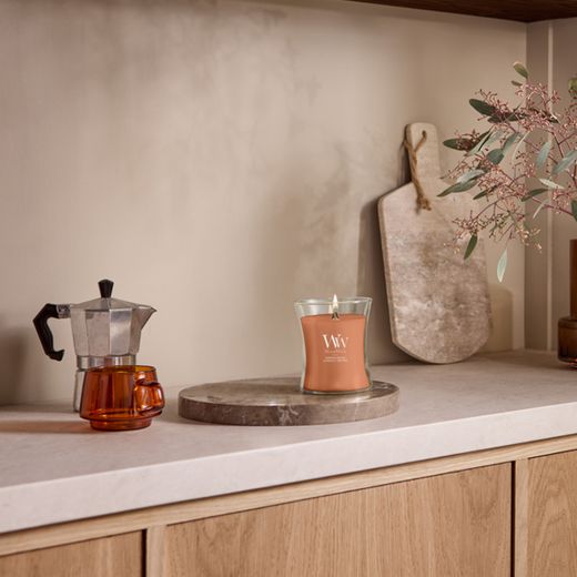 Vela Mediana Hourglass Praliné de Calabaza con mecha de madera WoodWick