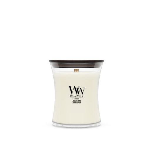 Vela Mediana Hourglass Teca Blanca con mecha de madera WoodWick
