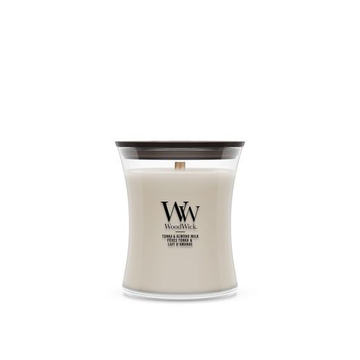 Vela Mediana Hourglass Tonka y Leche de Almendra con mecha de madera WoodWick