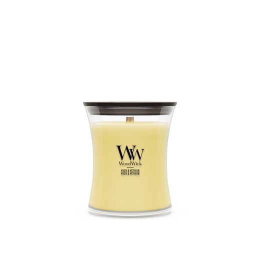Vela Mediana Hourglass Yuzu y Vetiver con mecha de madera WoodWick