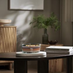 Vela Trilogy Ellipse Cachemira Radiante con mecha de madera WoodWick