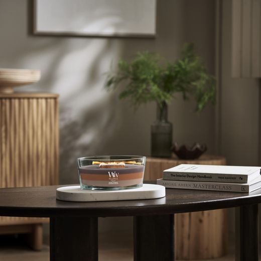 Vela Trilogy Ellipse Cachemira Radiante con mecha de madera WoodWick