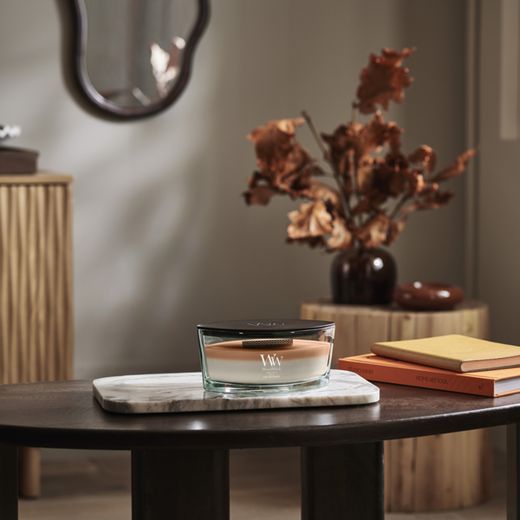 Vela Trilogy Ellipse Café Macchiato con mecha de madera WoodWick