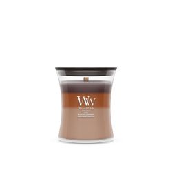 Vela Trilogy Mediana Cachemira Radiante con mecha de madera WoodWick